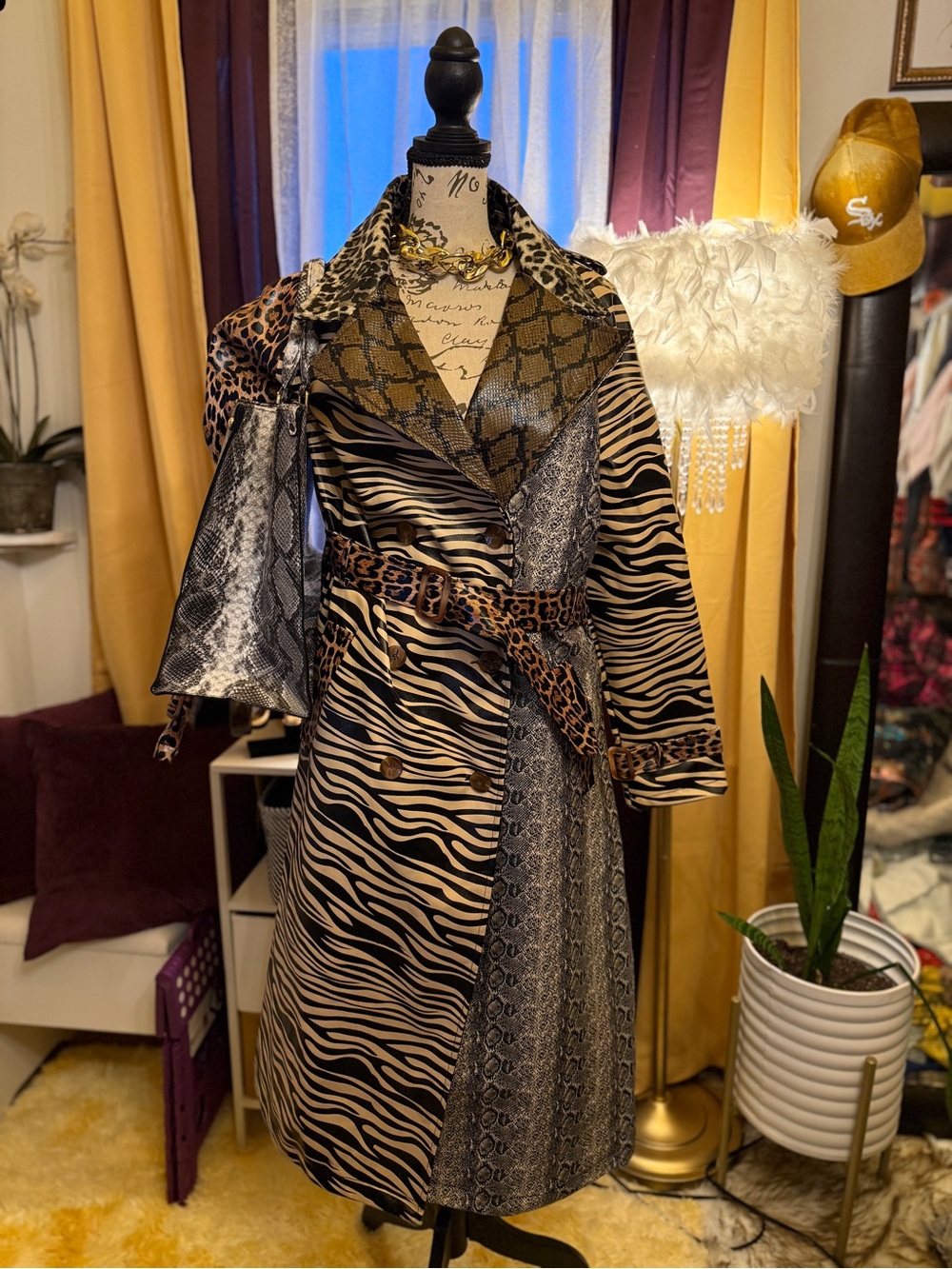 AKIRA Multianimal Print Trench Coat - Beige/Black/Brown